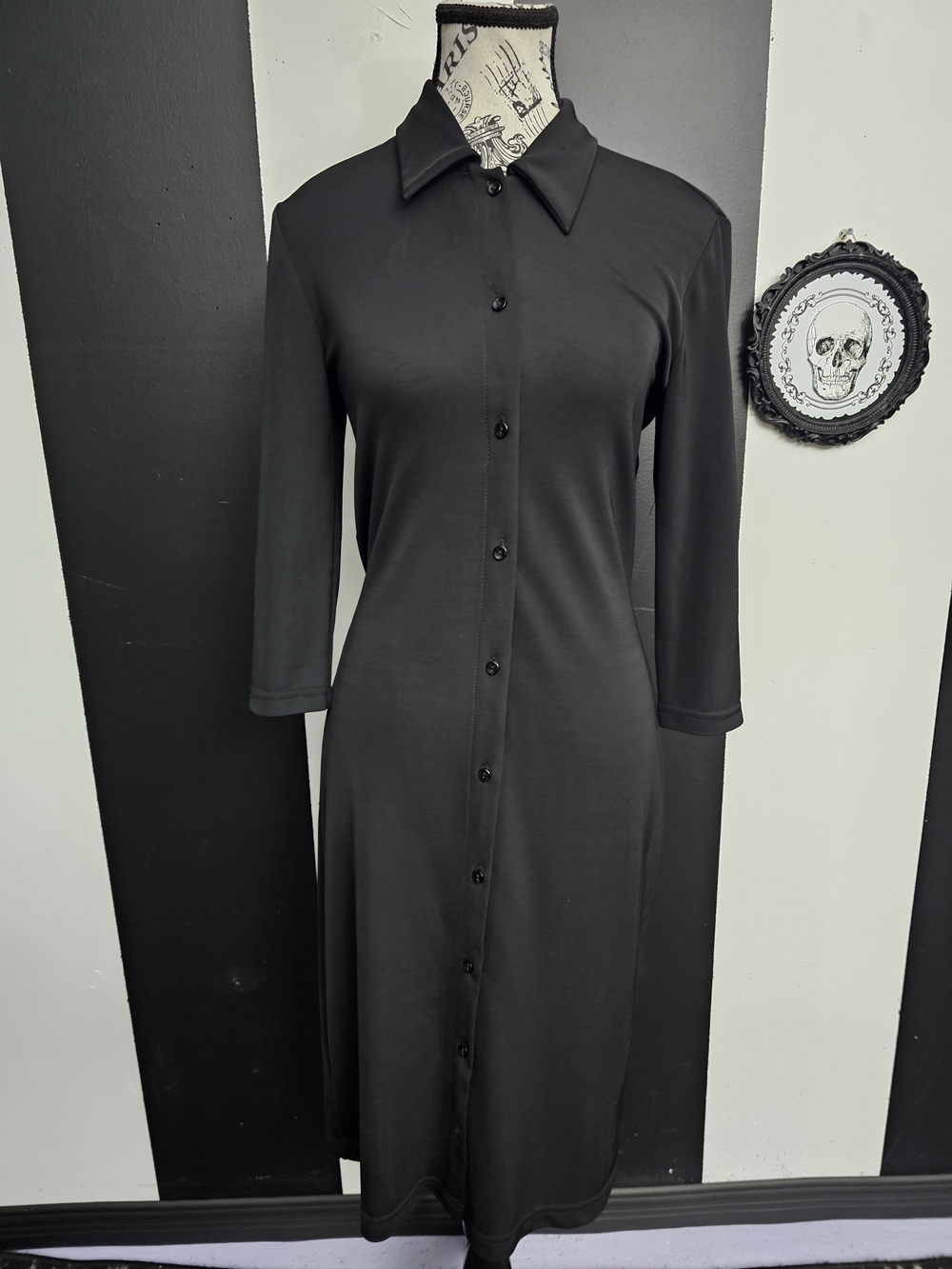 Black Midi Button-Front Shirt Dress Suzie Sheir